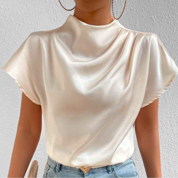 Tops - Mock Neck Batwing Sleeve Satin Blouse